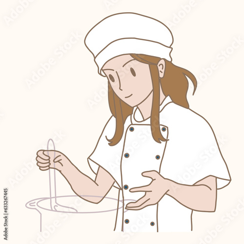 Chef in white jacket stirring soup in pot with spoon. Hand drawn flat cartoon character vector illustration.