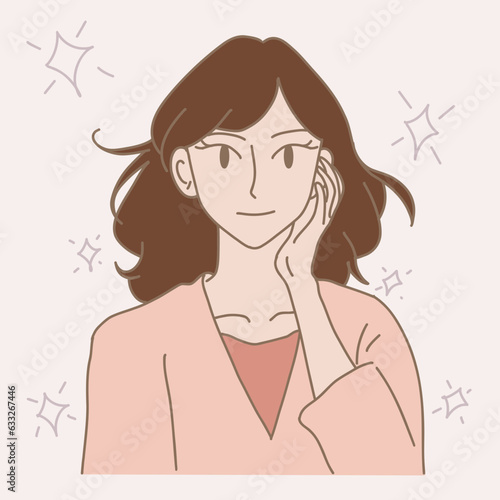 Young beautiful woman touching face by hand, feeling beautiful. Hand drawn flat cartoon character vector illustration.