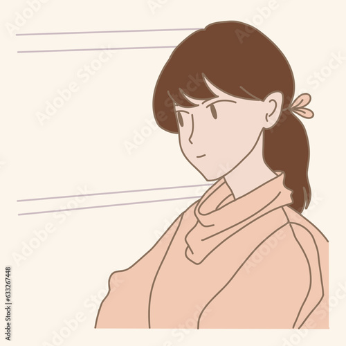 Woman sitting on back seat of a car and looking outside the window. Girl travelling by plane, on the comfortable cabin seat looking out. Hand drawn flat cartoon character vector illustration.