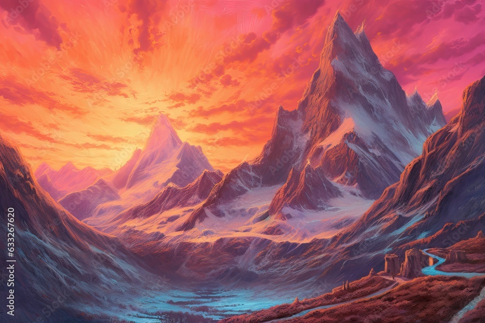 Glowing Sunset: Capturing Tranquil Majestic Peaks in a Breathtaking Mountain Drawing, generative AI