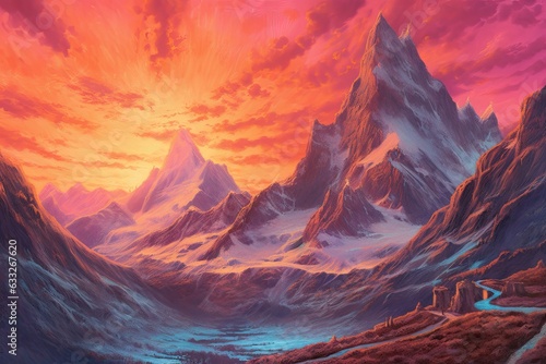 Glowing Sunset: Capturing Tranquil Majestic Peaks in a Breathtaking Mountain Drawing, generative AI © Trista