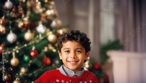 Cute hispanic boy with christmas tree and copy space ai generated