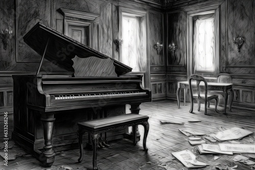 Melancholic Piano Serenade: Notes Drifting Through an Elegant Ballroom, generative AI © Trista