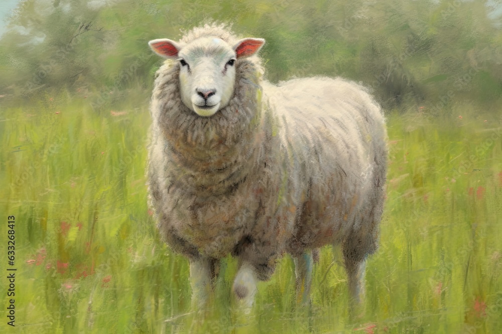 Woolly Wonder: A Fluffy Sheep Drawing Brings Warmth and Comfort in a Green Meadow, generative AI Woolly Wonder: A Fluffy Sheep Drawing Brings Warmth and Comfort in a Green Meadow, generative AI
