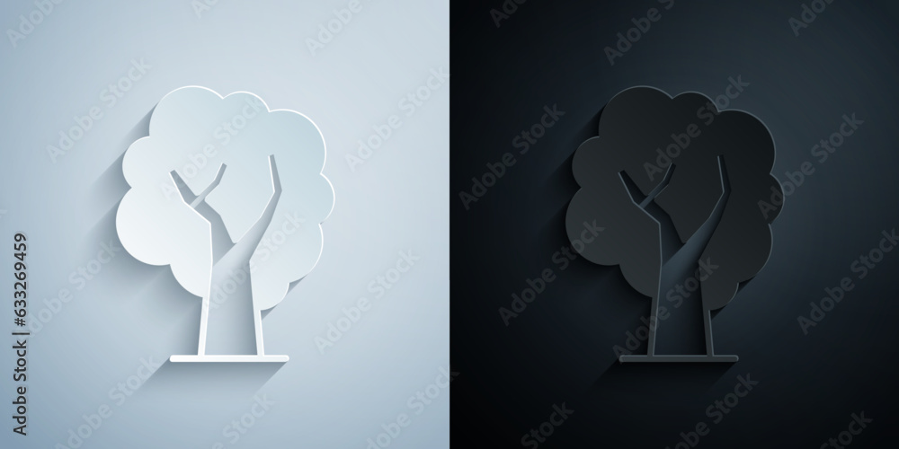 Paper cut Tree icon isolated on grey and black background. Forest symbol. Paper art style. Vector Paper cut Tree icon isolated on grey and black background. Forest symbol. Paper art style. Vector