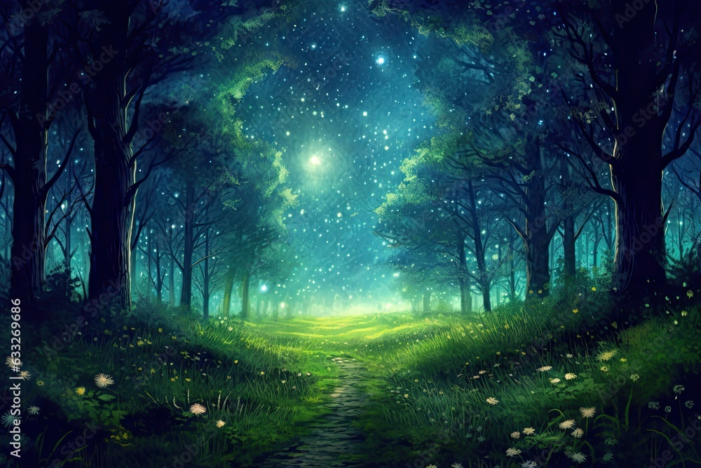 Sparkling Stars Guiding Wanderers in the Dark: Celestial Symphony and a Starry Night Sky Illuminating a Peaceful Meadow, generative AI Sparkling Stars Guiding Wanderers in the Dark: Celestial Symphony and a Starry Night Sky Illuminating a Peaceful Meadow, generative AI