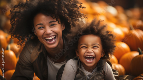 mother and son with afro hair laughing on an autumn day. Generative AI