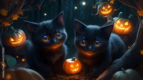 Two cute black cats in a pumpkin forest under the light of the full moon on Halloween.