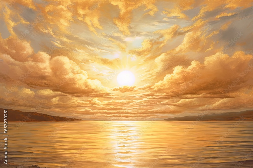 Golden Hues in Radiant Sunbeams: Serene Beach and Piercing Clouds, generative AI