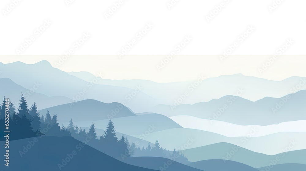 Winter soft blue hues landscape, smooth blue gradients mountain outdoors. Trees silhouettes in the hills, horizon of a valley misty mountains view. Seasonal card.
