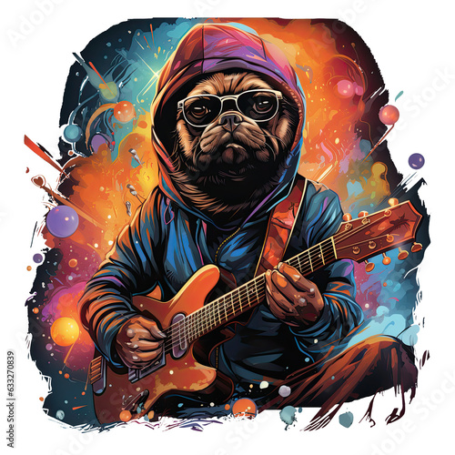 A whimsical Christmas pug giter t-shirt design, featuring the pug dressed as a rockstar with a guitar, Generative Ai photo