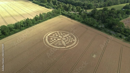 Aerial view looking down over golden Hampshire wheat field intricate divine symbolic crop circle photo