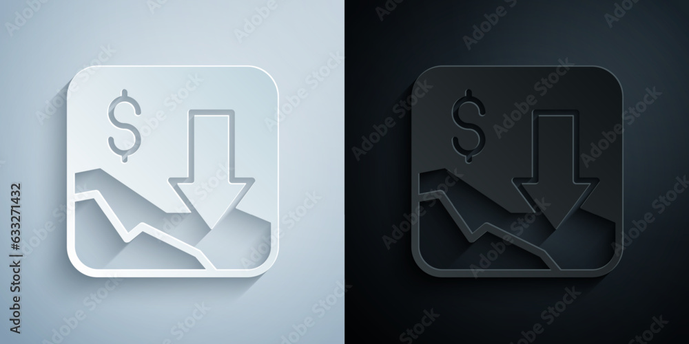 Paper cut Financial growth decrease icon isolated on grey and black background. Increasing revenue. Paper art style. Vector Paper cut Financial growth decrease icon isolated on grey and black background. Increasing revenue. Paper art style. Vector