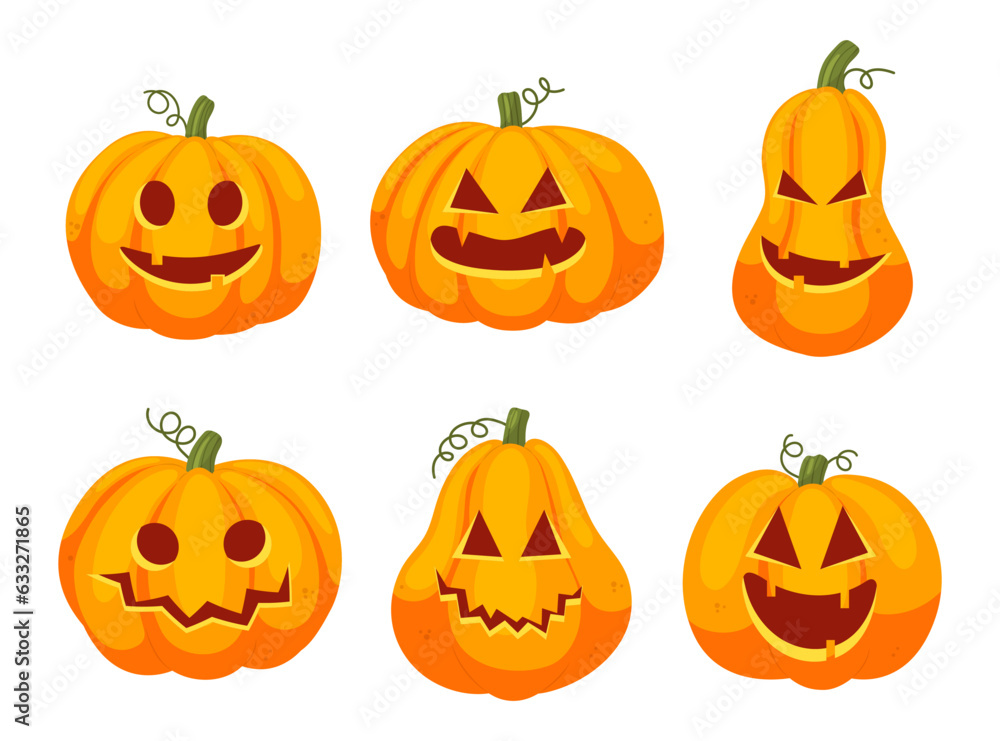 Vector halloween cartoon pumpkins scary faces set. Collection of orange jack-o-lanterns isolated on white background Vector halloween cartoon pumpkins scary faces set. Collection of orange jack-o-lanterns isolated on white background