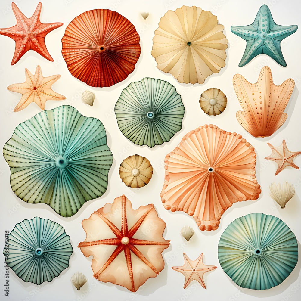Seashells seamless pattern on a white background, watercolor Generative AI