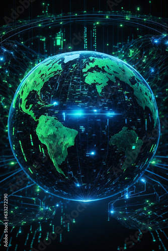 glowing blue earth hologram on dark black background  world connected with 5G technology  Matrix vertical binary code in the background  black and green. Image created using artificial intelligence.