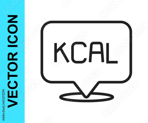 Black line Kcal icon isolated on isolated on white background. Health food. Vector