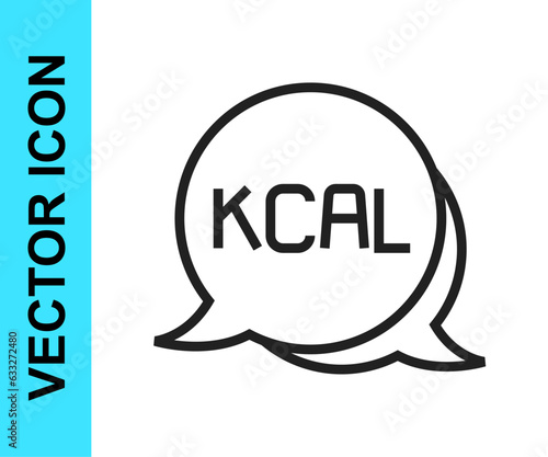 Black line Kcal icon isolated on isolated on white background. Health food. Vector