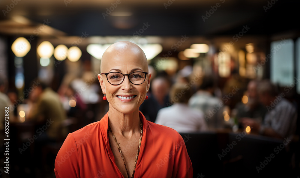 Fototapeta premium Confident proud bald woman struggle with oncology. Hairless cancer sick female patient after chemotherapy, looks thoughtful of recovery remission. Copy space. Beauty portrait