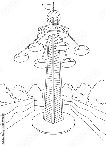 Carousel tower amusement park landscape graphic black white sketch illustration vector 
