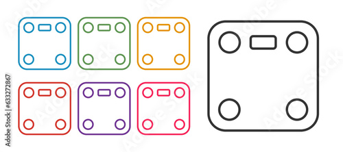 Set line Bathroom scales icon isolated on white background. Weight measure Equipment. Weight Scale fitness sport concept. Set icons colorful. Vector