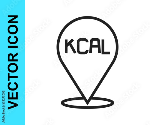 Black line Kcal icon isolated on isolated on white background. Health food. Vector