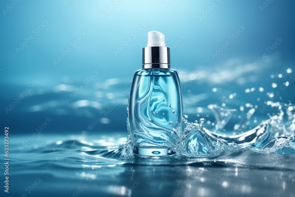 3D rendering of skin care glass serum bottle with collagen on water background with waves. 3D rendering of skin care glass serum bottle with collagen on water background with waves.
