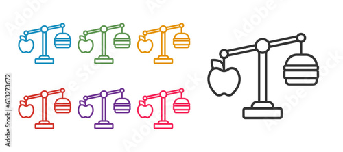 Set line Calorie calculator icon isolated on isolated on white background. Calorie count. Diet. Weight loss. Portion control. Healthy eating. Dietary nutrition. Set icons colorful. Vector