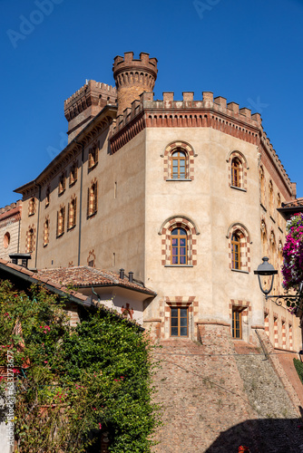 The town of Barolo, with the Falletti castle in Langhe region. Piedmont, Italy