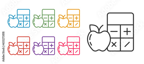 Set line Calorie calculator icon isolated on isolated on white background. Calorie count. Diet. Weight loss. Portion control. Healthy eating. Dietary nutrition. Set icons colorful. Vector