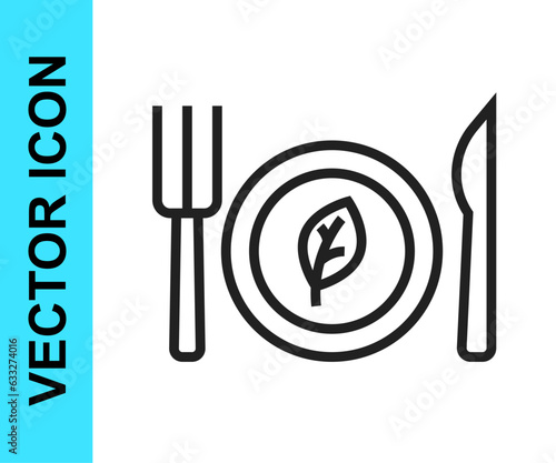Black line Vegan food diet icon isolated on white background. Organic, bio, eco symbol. Vegan, no meat, lactose free, healthy, fresh and nonviolent food. Vector