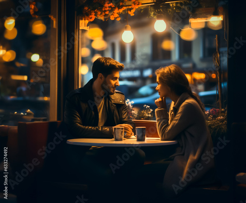 Couple on a date at a Cafe. Concept of dating  love and matchmaking. Shallow field of view.