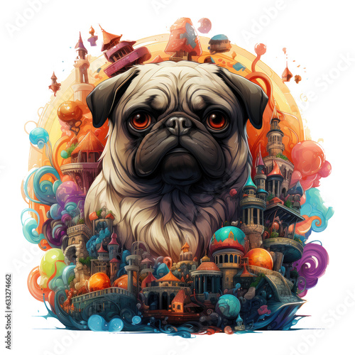 Christmas Pug T-Shirt Designs, a pug gazing up at the night sky, witnessing a mesmerizing aurora borealis in various shades of green and pink, Generative Ai