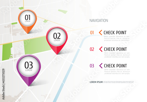 Location icons on the map. Road infographic with colorful pin pointers. Concept of route, landmark, adventure, explore. Vector illustration.
