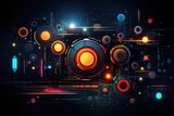Abstract futuristic visual design with shiny circles on dark background.
