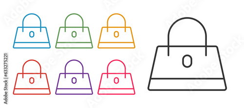 Set line Handbag icon isolated on white background. Female handbag sign. Glamour casual baggage symbol. Set icons colorful. Vector