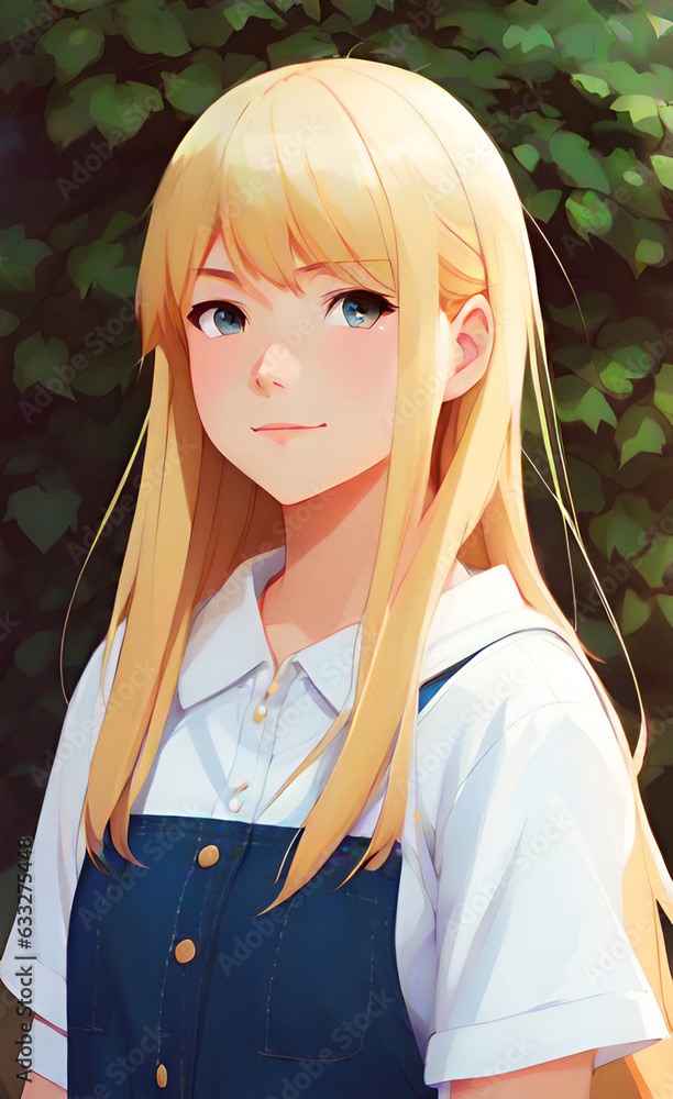 Anime poster. Kawaii winking school girl face with big eyes in manga ...