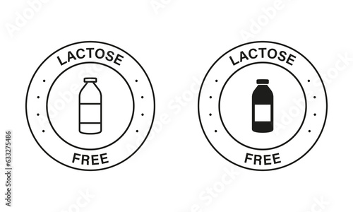 Lactose Free Black Stamp Set. Allergen Ingredient Label. 100 Percent Free Dairy Food Icon. Eco Natural Product Free Lactose Symbol. No Lactose in Milk Logo. Isolated Vector Illustration