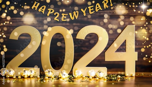 Happy New Year 2024" featuring a symbol derived from the numbers, embellished with golden wallpaper 