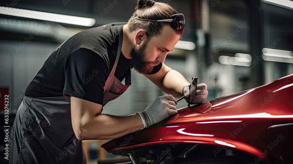Auto body repair specialist focuses on repairing a dent on the car's fender, showcasing their expertise and commitment to impeccable restoration. Generated by AI. - obrazy, fototapety, plakaty 