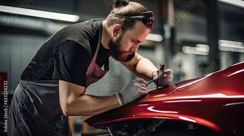 Auto body repair specialist focuses on repairing a dent on the car's fender, showcasing their expertise and commitment to impeccable restoration. Generated by AI. photo