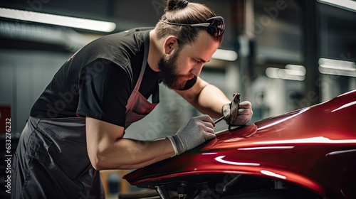Auto body repair specialist focuses on repairing a dent on the car's fender, showcasing their expertise and commitment to impeccable restoration. Generated by AI.