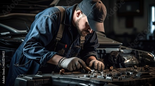 Auto technician dedicatedly checking and repairing the car's transmission, ensuring optimal gear performance and maintaining the vehicle's drivability. Generated by AI.