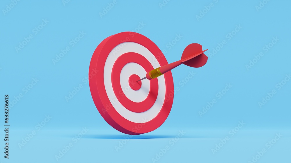 Dart hit the center of target on blue background. Business target achievement concept. 3d render illustration