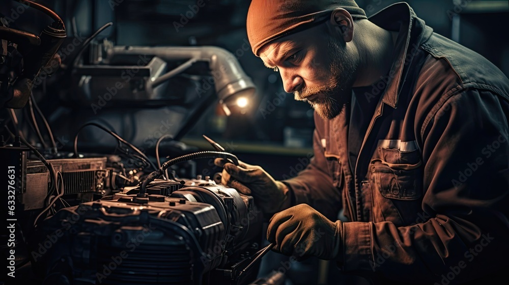Auto technician is hard at work, using their knowledge and tools to repair the car's electrical system, maintaining proper power distribution and enabling all vehicle functions. Generated by AI.