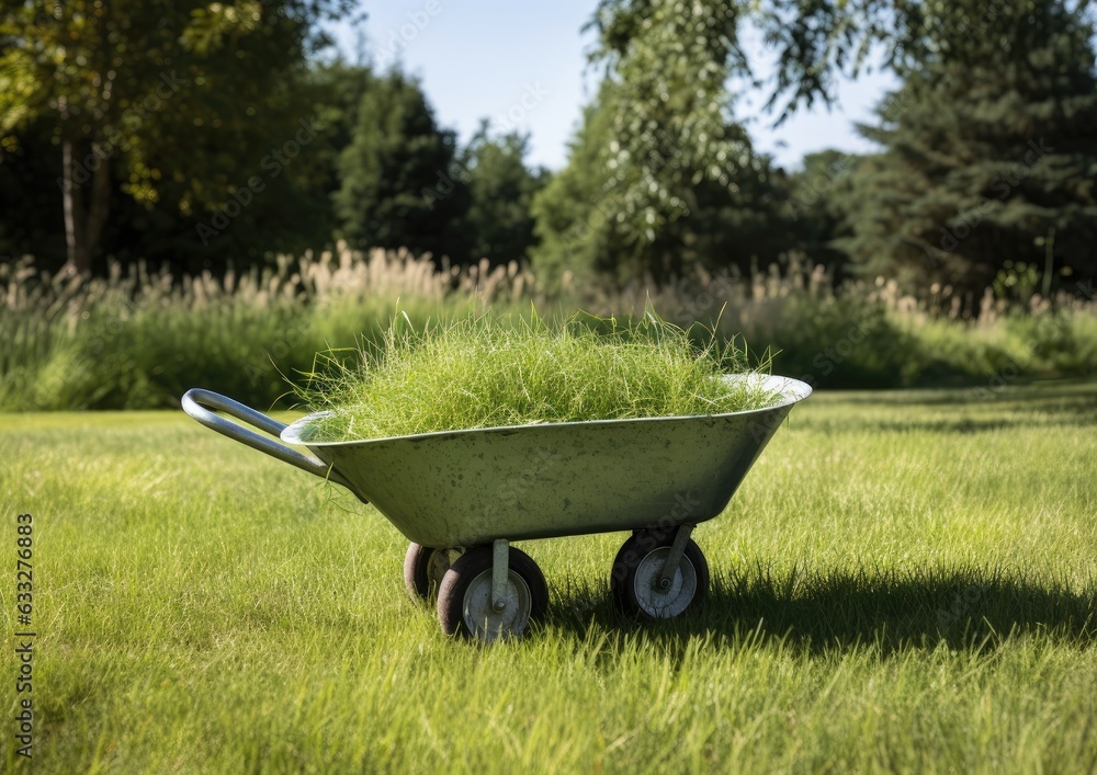 A wheelbarrow full of grass used to transport the grass. Wheelbarrow in the garden. Gardening. Created with Generative AI technology.