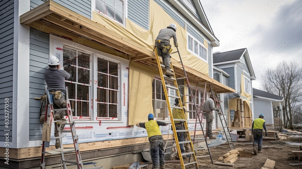 Builders skillfully installing exterior siding and meticulously placing trim on a house, combining functionality and design to create a well-insulated. Generated by AI. - obrazy, fototapety, plakaty 