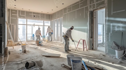 Installing drywall and finishing interior walls, combining form and function to create a well-insulated and aesthetically pleasing environment for daily life. Generated by AI. photo