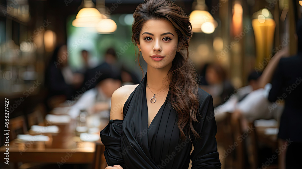 A stylish young woman exudes confidence in an upscale restaurant.