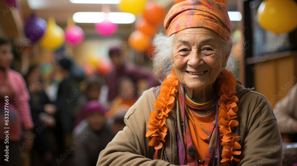 An elderly volunteer stands with arms crossed in a small community center, surrounded by vibrant community activities and members.